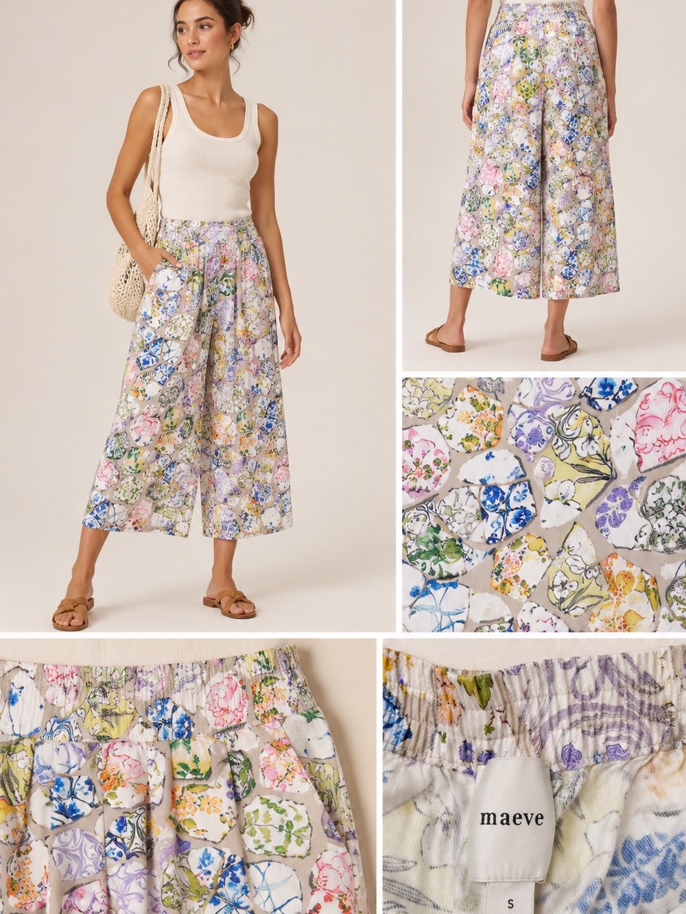 Maeve Anthropologie Chinoiserie Porcelain Print Cropped Wide Leg Pants Small